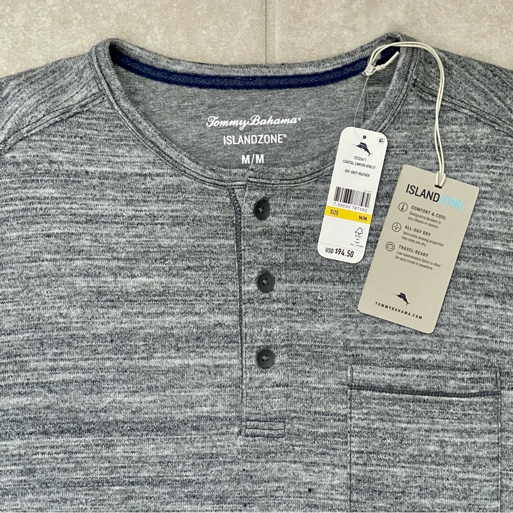 Tommy Bahama Mens Medium Coastal Canyon Henley Shirt Long Sleeve Grey $94.50 NEW
